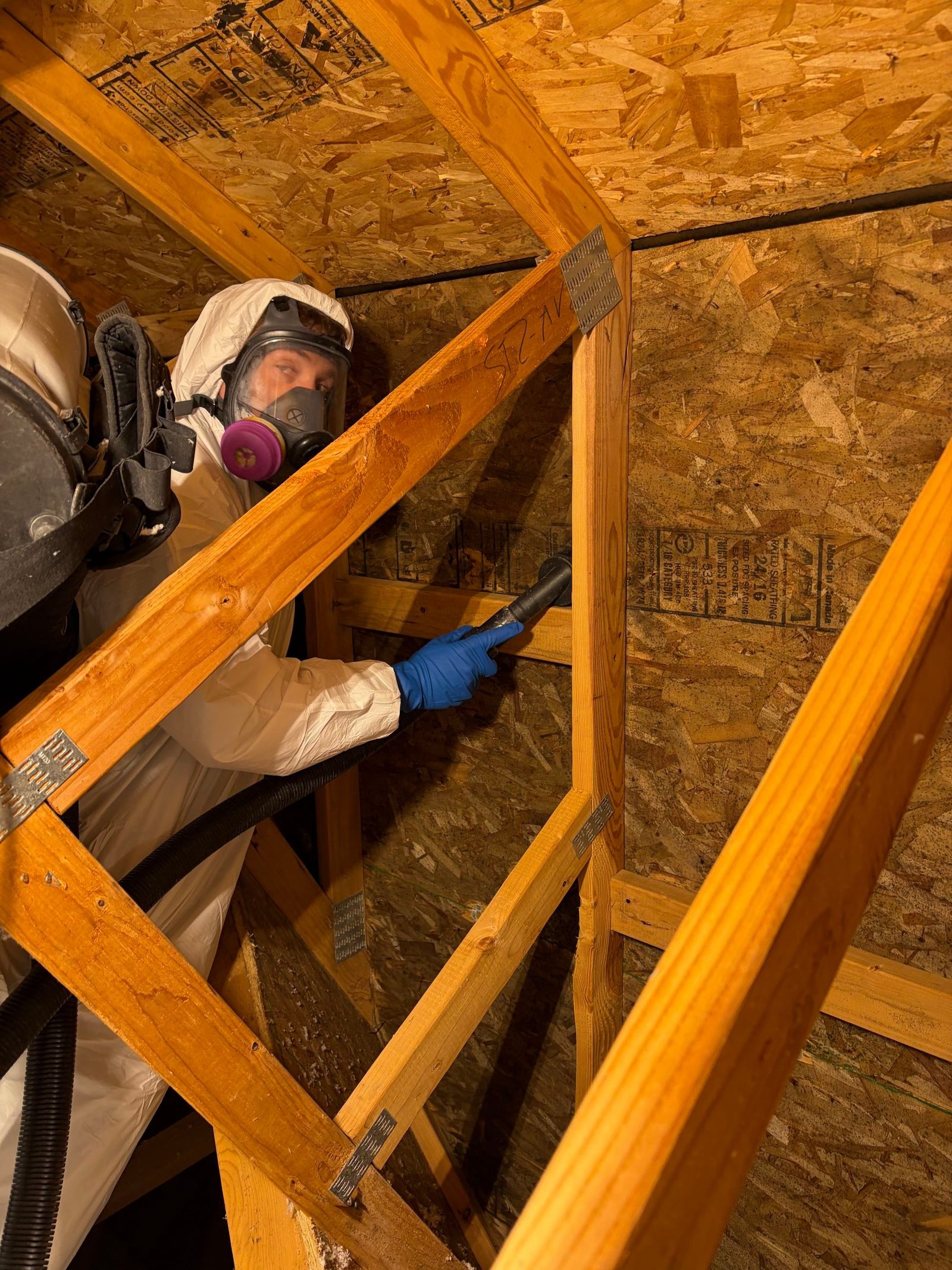 Environmental technician in a respirator inspecting a residential crawl space